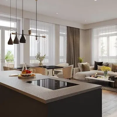 Küche; küchengeräte, holzboden, tageslicht, moderner stil