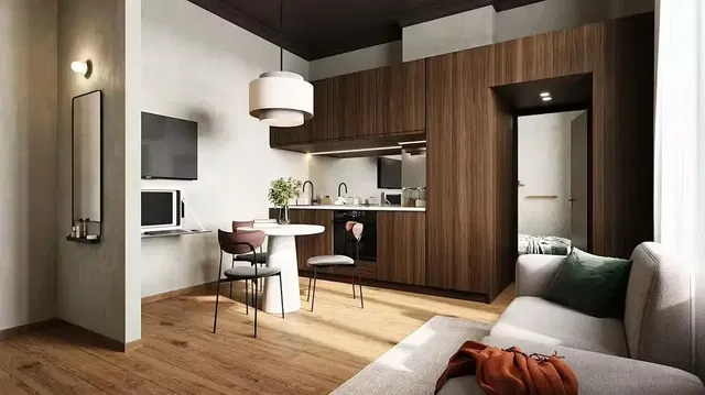 Cuisine; électroménager, parquet, lumière naturelle, style moderne