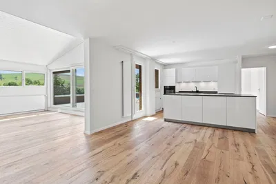 Küche; küchengeräte, holzboden, tageslicht, moderner stil