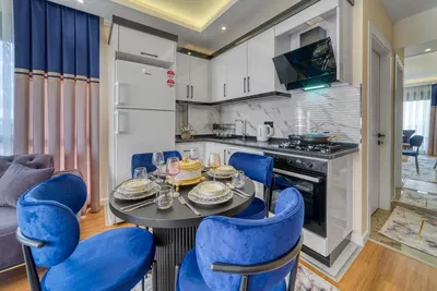 Kitchen; kitchen appliances, wood floor, natural light, modern style