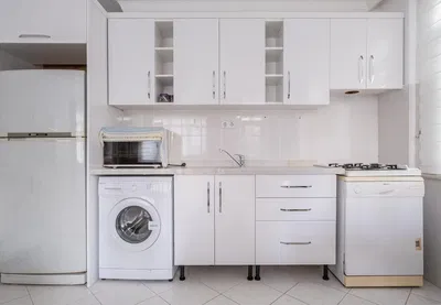 Kitchen; kitchen appliances, wood floor, natural light, modern style