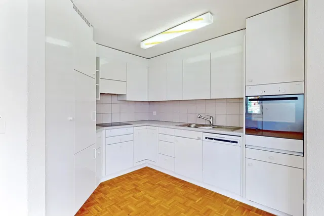 Kuhinja; kuhinjski aparati, drveni pod, prirodno svjetlo, moderni stil