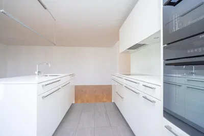 Kuhinja; kuhinjski aparati, drveni pod, prirodno svjetlo, moderni stil