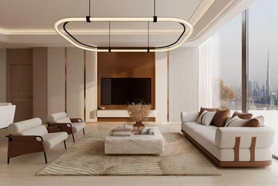 Salón; suelo de madera, luz natural, estilo moderno