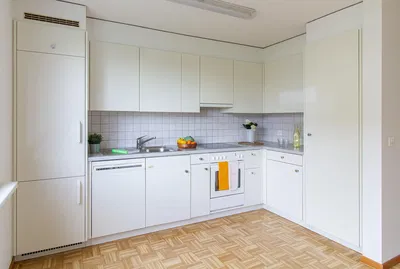 Kuhinja; kuhinjski aparati, drveni pod, prirodno svjetlo, moderni stil