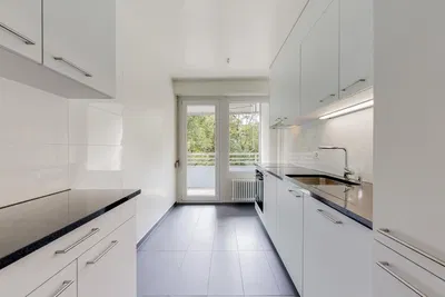 Kuhinja; kuhinjski aparati, drveni pod, prirodno svjetlo, moderni stil