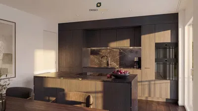 Kuhinja; kuhinjski aparati, drveni pod, prirodno svjetlo, moderni stil