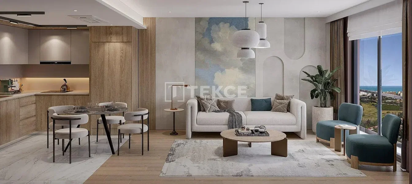 Keuken; keukenapparatuur, houten vloer, natuurlijk licht, moderne stijl