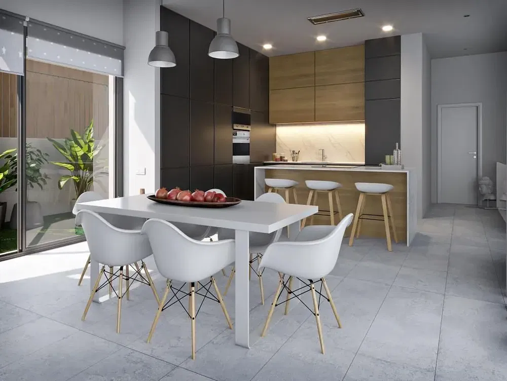 Keuken; keukenapparatuur, houten vloer, natuurlijk licht, moderne stijl