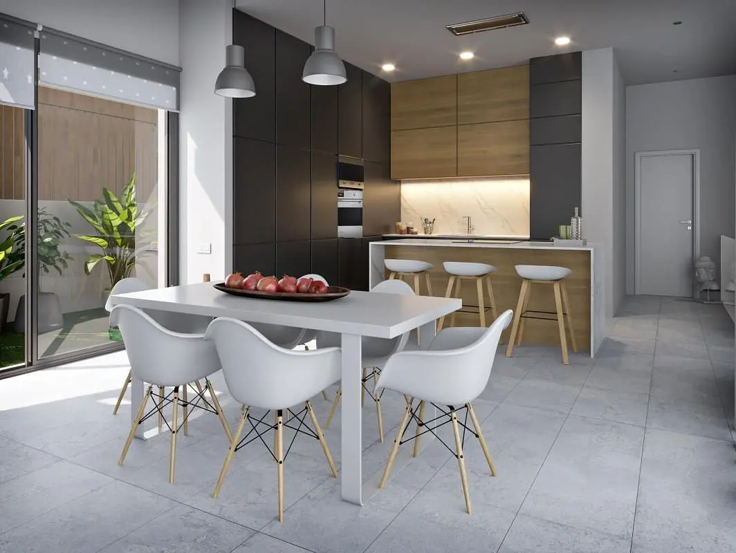 Keuken; keukenapparatuur, houten vloer, natuurlijk licht, moderne stijl