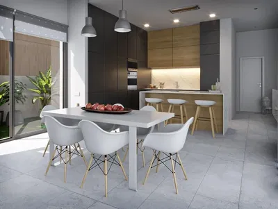 Keuken; keukenapparatuur, houten vloer, natuurlijk licht, moderne stijl