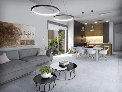 Keuken; keukenapparatuur, houten vloer, natuurlijk licht, moderne stijl