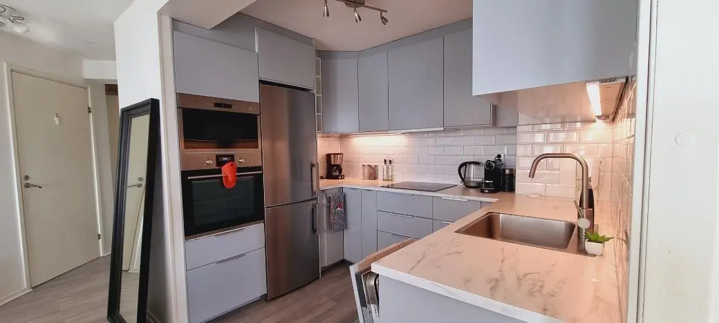 Cuisine; électroménager, parquet, lumière naturelle, style moderne