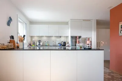 Cucina; elettrodomestici, pavimento in legno, luce naturale, stile moderno