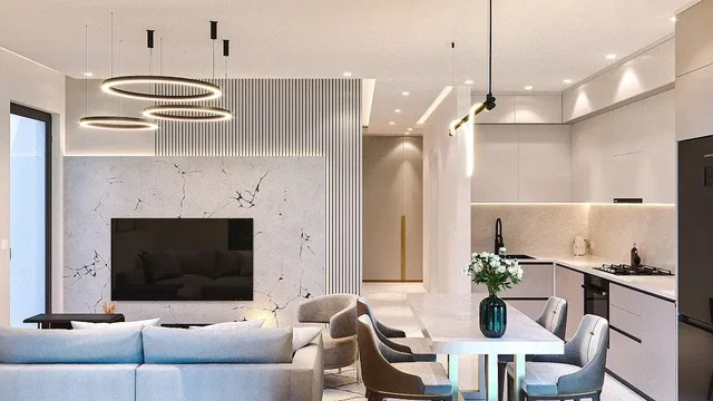 مطبخ; أجهزة المطبخ, أرضية خشبية, ضوء طبيعي, أسلوب عصري