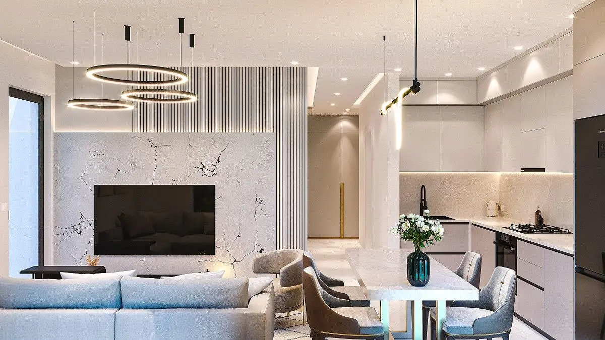 Κουζίνα; συσκευές κουζίνας, ξύλινο πάτωμα, φυσικό φως, μοντέρνο στυλ