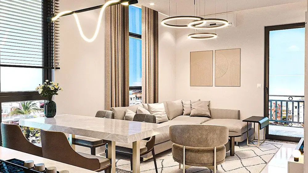 Σαλόνι; ξύλινο πάτωμα, φυσικό φως, μοντέρνο στυλ