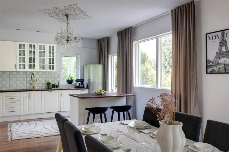 Cuisine; électroménager, parquet, lumière naturelle, style moderne