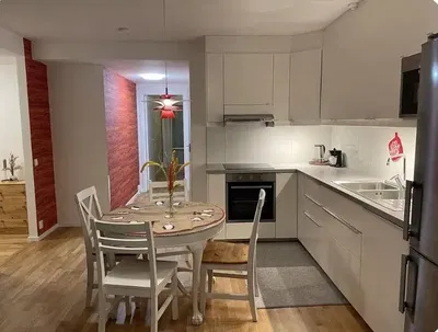 Cuisine; électroménager, parquet, lumière naturelle, style moderne