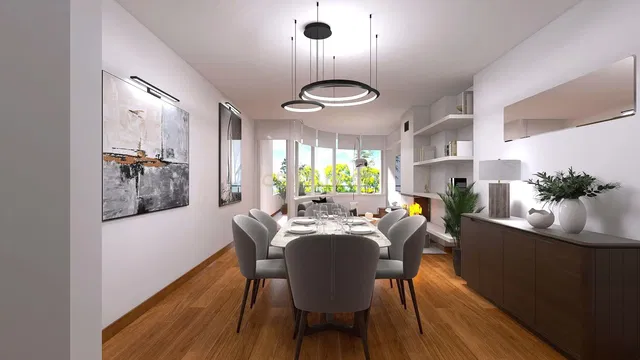 Cozinha; eletrodomésticos, chão de madeira, luz natural, estilo moderno