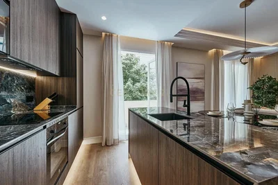 Cucina; elettrodomestici, pavimento in legno, luce naturale, stile moderno
