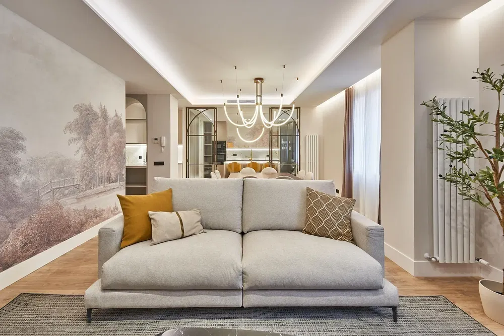 Küche; küchengeräte, holzboden, tageslicht, moderner stil