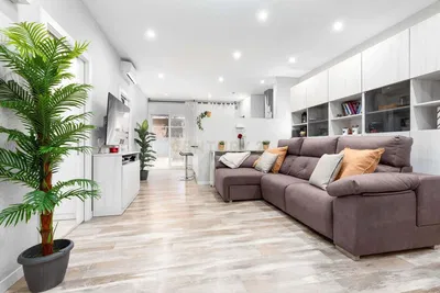 Кухня; кухненски уреди, дървен под, естествена светлина, модерен стил