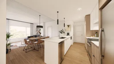 Küche; küchengeräte, holzboden, tageslicht, moderner stil