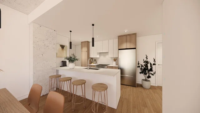 Kitchen; kitchen appliances, wood floor, natural light, modern style