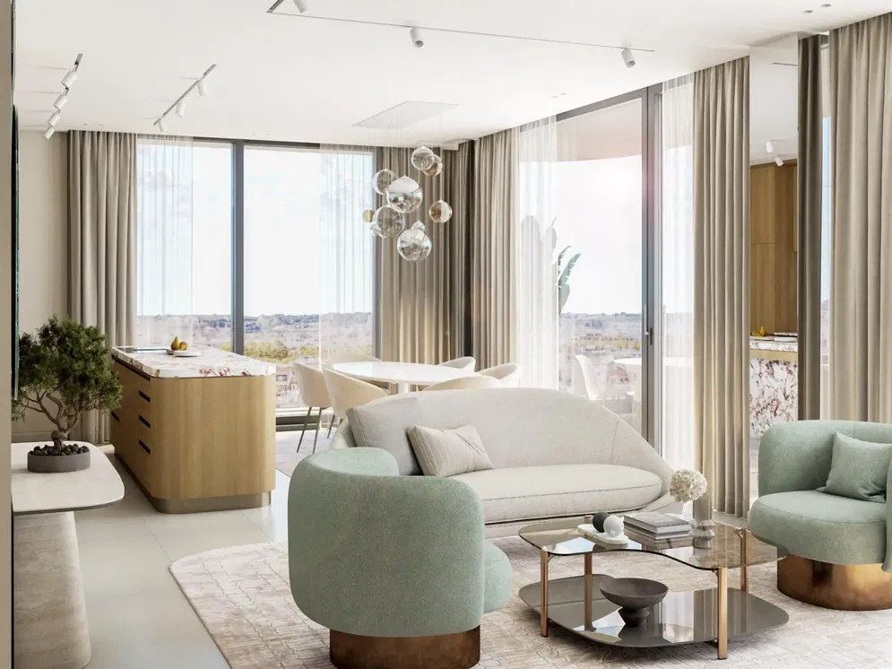 Kuchyně; kuchyňské spotřebiče, dřevěná podlaha, přirozené světlo, moderní styl