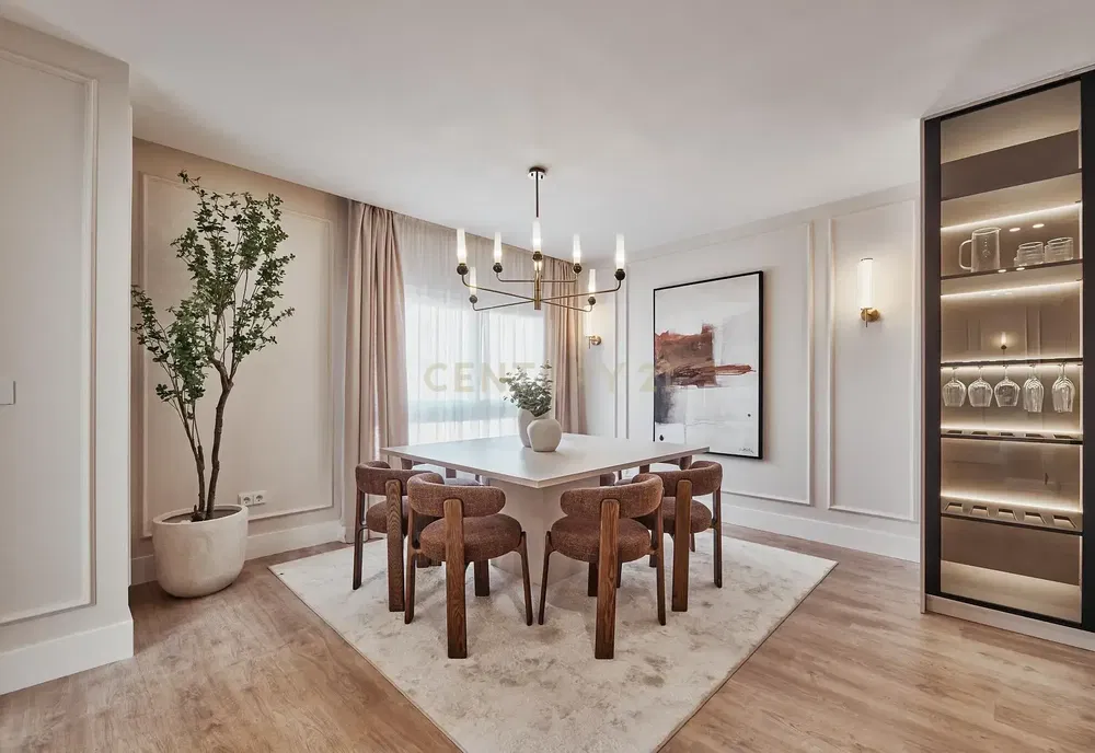 Kitchen; kitchen appliances, wood floor, natural light, modern style