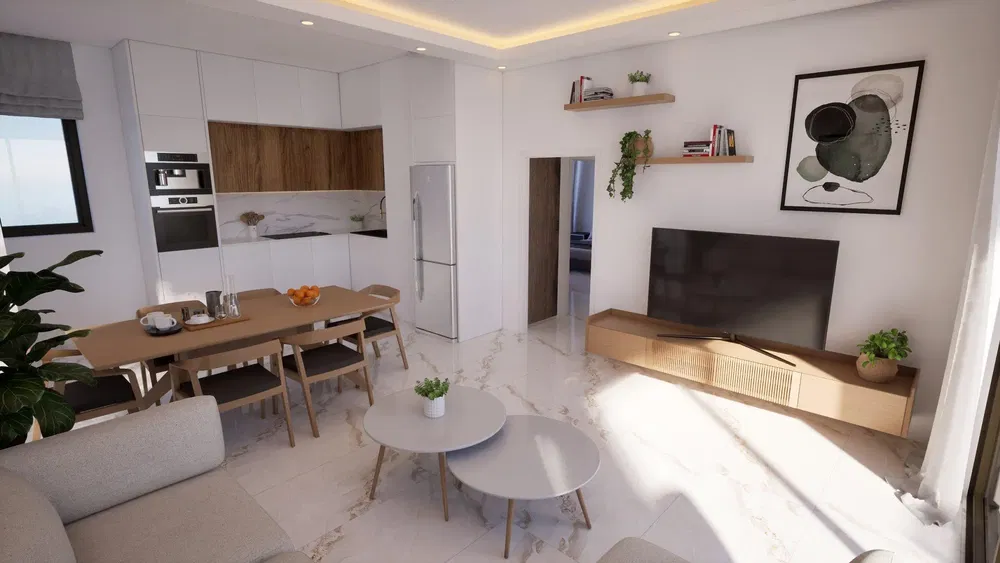 Dnevni boravak; drveni pod, prirodna svjetlost, moderan stil