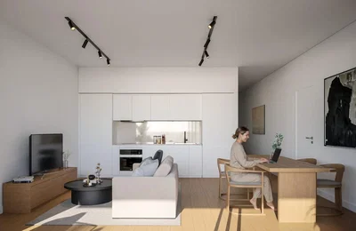 Cucina; elettrodomestici, pavimento in legno, luce naturale, stile moderno