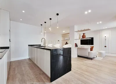 Kitchen; kitchen appliances, wood floor, natural light, modern style