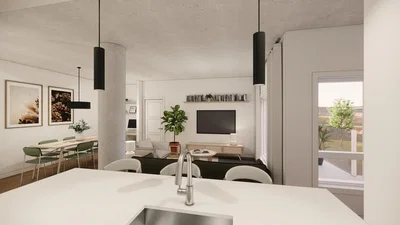 Mutfak; mutfak aletleri, ahşap zemin, doğal ışık, modern stil