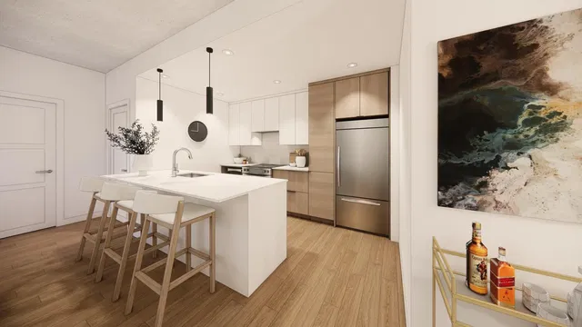 Kitchen; kitchen appliances, wood floor, natural light, modern style