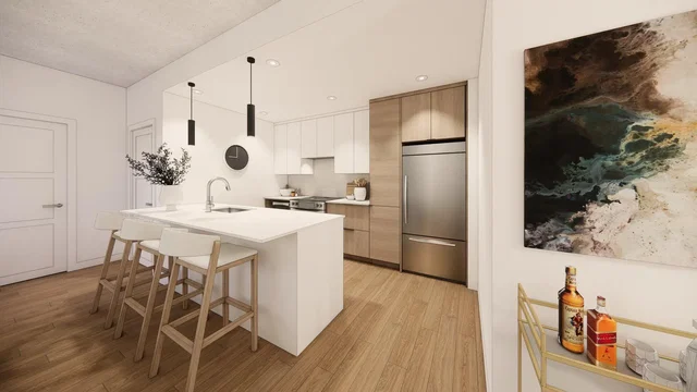 Kitchen; kitchen appliances, wood floor, natural light, modern style