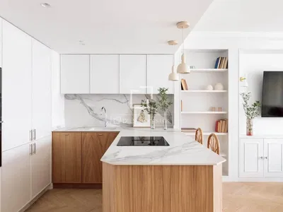 Küche; küchengeräte, holzboden, tageslicht, moderner stil