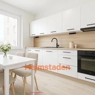 Kitchen; kitchen appliances, wood floor, natural light, modern style