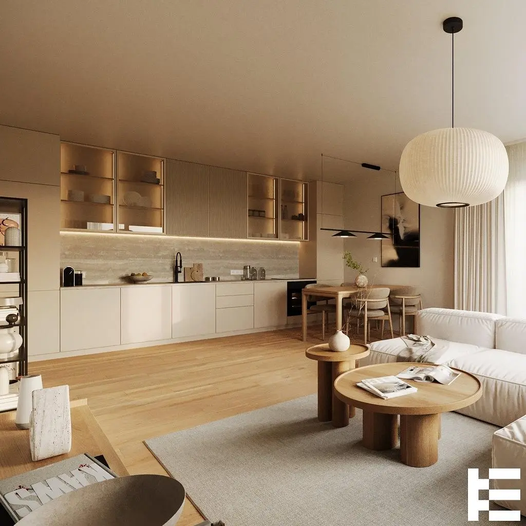 Kuchyňa; kuchynské spotrebiče, drevená podlaha, prirodzené svetlo, moderný štýl