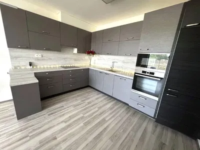 Kitchen; kitchen appliances, wood floor, natural light, modern style