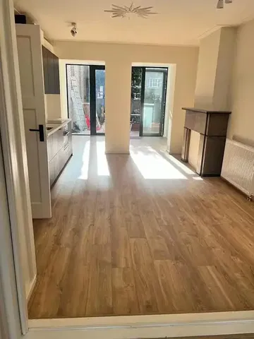 Kitchen; kitchen appliances, wood floor, natural light, modern style