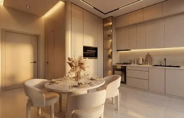 Kitchen; kitchen appliances, wood floor, natural light, modern style