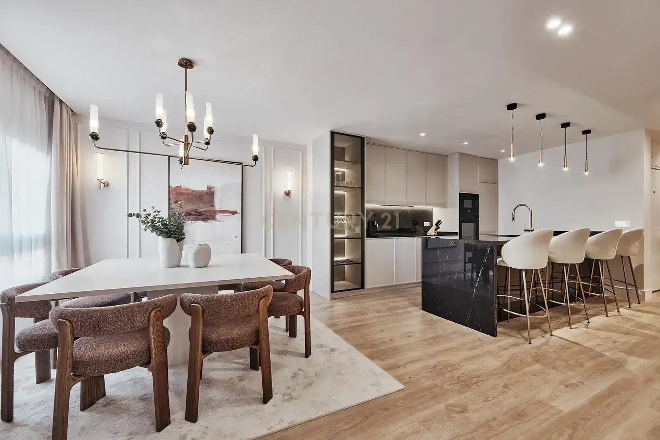 Kitchen; kitchen appliances, wood floor, natural light, modern style