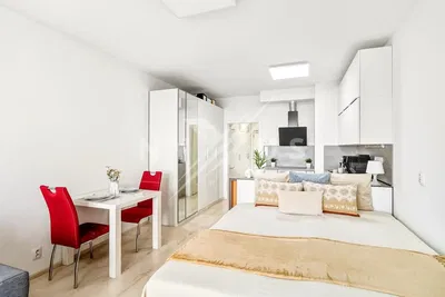 Kitchen; kitchen appliances, wood floor, natural light, modern style