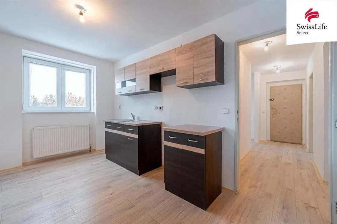 Kuchyně; kuchyňské spotřebiče, dřevěná podlaha, přirozené světlo, moderní styl