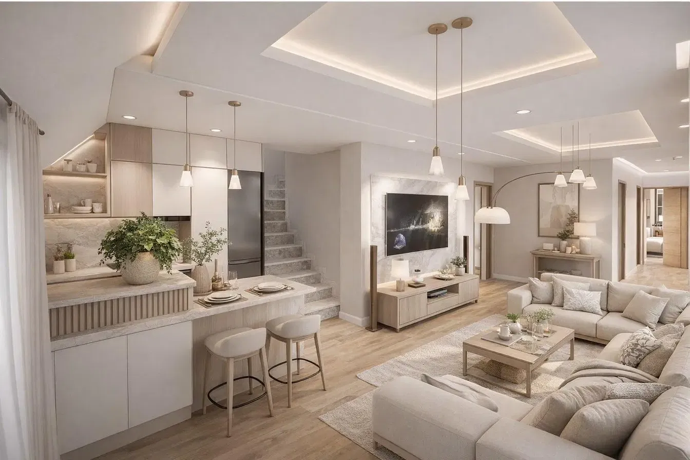 Cocina; electrodomésticos, suelo de madera, luz natural, estilo moderno