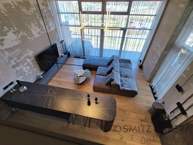 Living room; wood floor, natural light, modern style, high ceiling