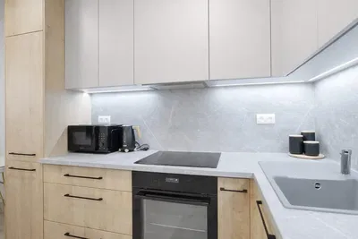 Κουζίνα; συσκευές κουζίνας, ξύλινο πάτωμα, φυσικό φως, μοντέρνο στυλ