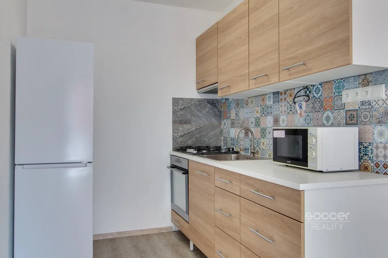 Kuchyně; kuchyňské spotřebiče, dřevěná podlaha, přirozené světlo, moderní styl